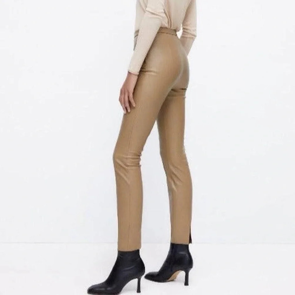 Zara Faux Leather High Rise Tan Leggings with Zipper Side NWT L